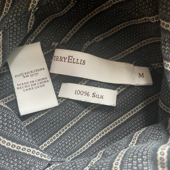 Perry Ellis Shirt Mens Medium Black Brown Diagonal Stripe 100% Silk Short Sleeve - Picture 4 of 8